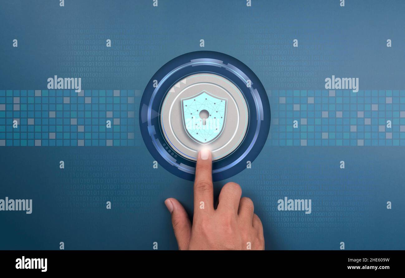 Tecnologia dei dati di sicurezza, verifica delle identità e concetto di privacy personale. Schermare l'icona e la mano premendo un pulsante digitale sul simbolo di rete blu AN Foto Stock