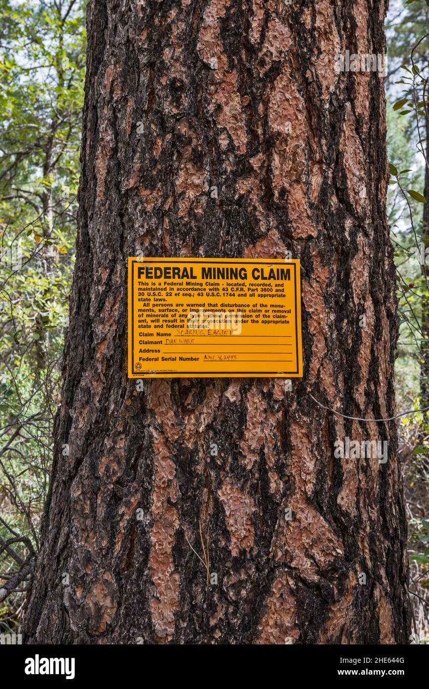 Cartello di attestazione mineraria, Senator Highway 52, strada di ritorno a Bradshaw Mountains, Prescott National Forest, Arizona, Stati Uniti Foto Stock