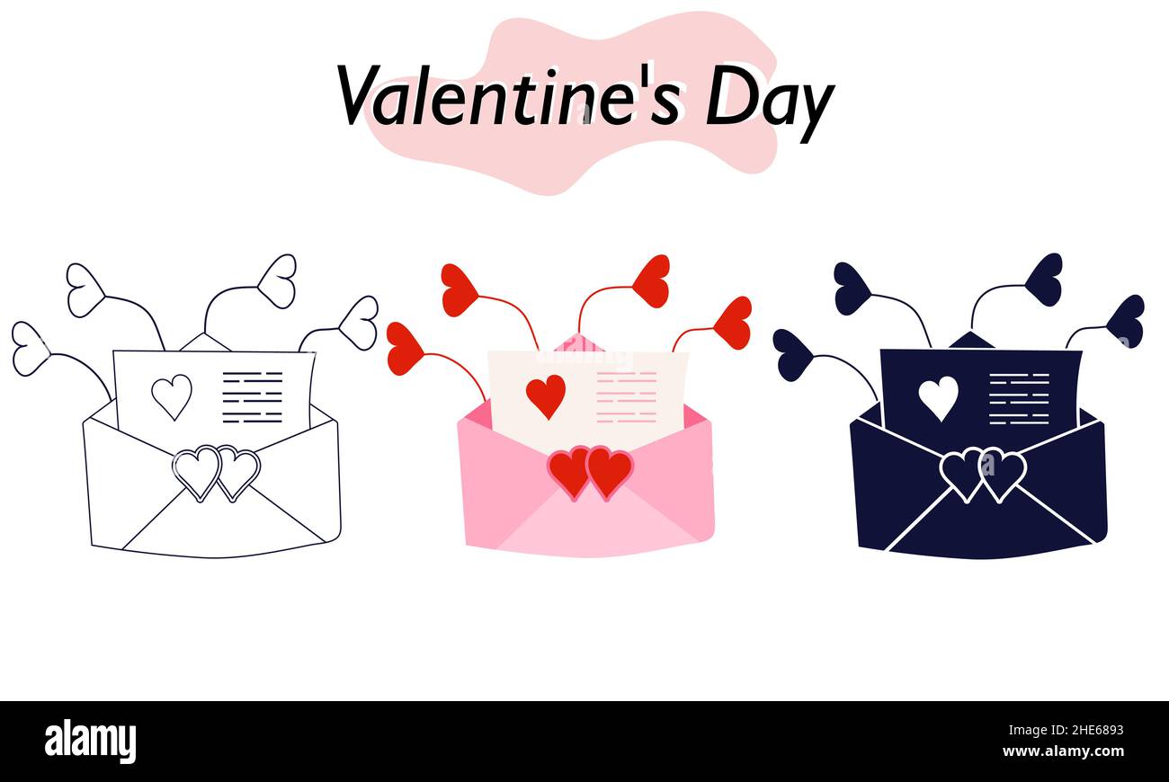 Una busta aperta con una nota d'amore. Una dichiarazione d'amore. Nelle versioni a colori, solide e lineari. Un simbolo di amore e di festa di San Valentino. Vettore Illustrazione Vettoriale