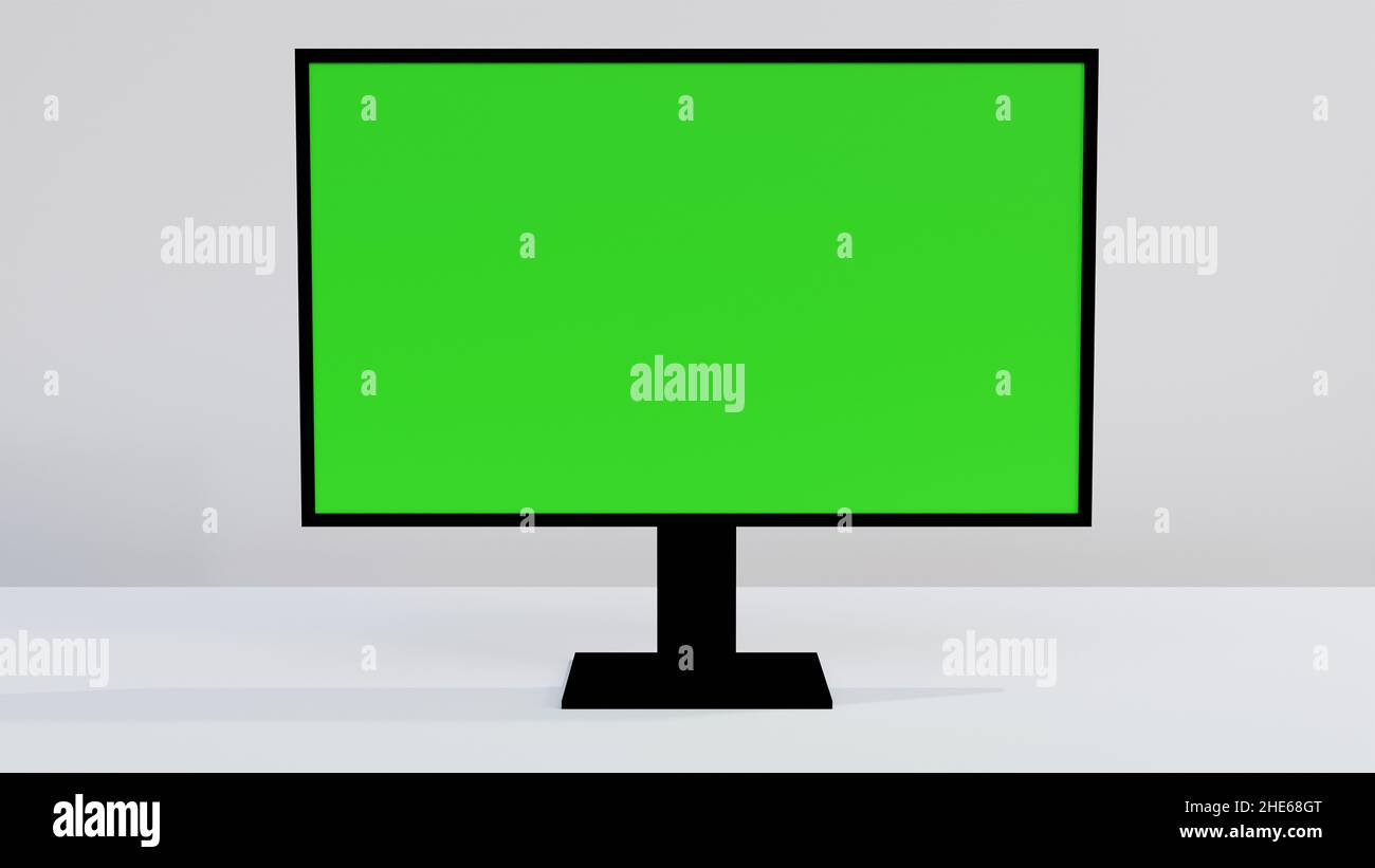 Schermo del monitor desktop: Illustrazione con rendering 3D (immagine rappresentata nel software Blender 3D). Modello a schermo verde per aggiungere immagini o video personalizzati. Foto Stock