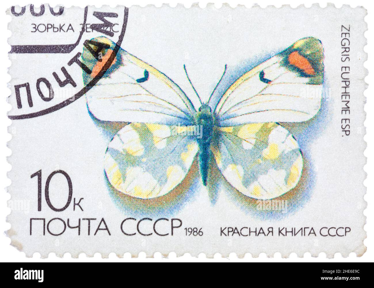 Il francobollo dell'URSS (Scott 2008 numero di catalogo 5437) mostra l'immagine di una farfalla a punta di arancio di soia (Zegris eupheme), circa 1986 Foto Stock