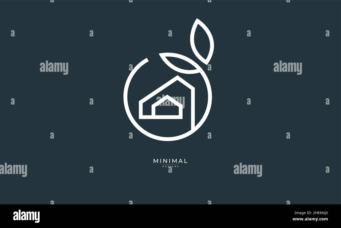 Un logo icona line art di una casa/casa con un cerchio di foglie Illustrazione Vettoriale