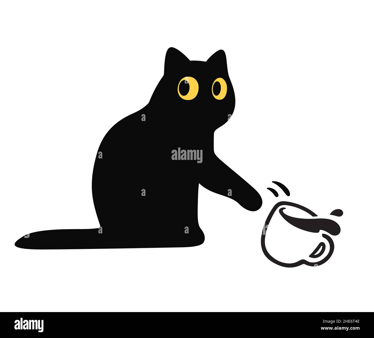 Cartone animato nero gatto bussando caffè tazza fuori tabella. Divertente gatto rompere le cose, carino illustrazione vettoriale. Illustrazione Vettoriale