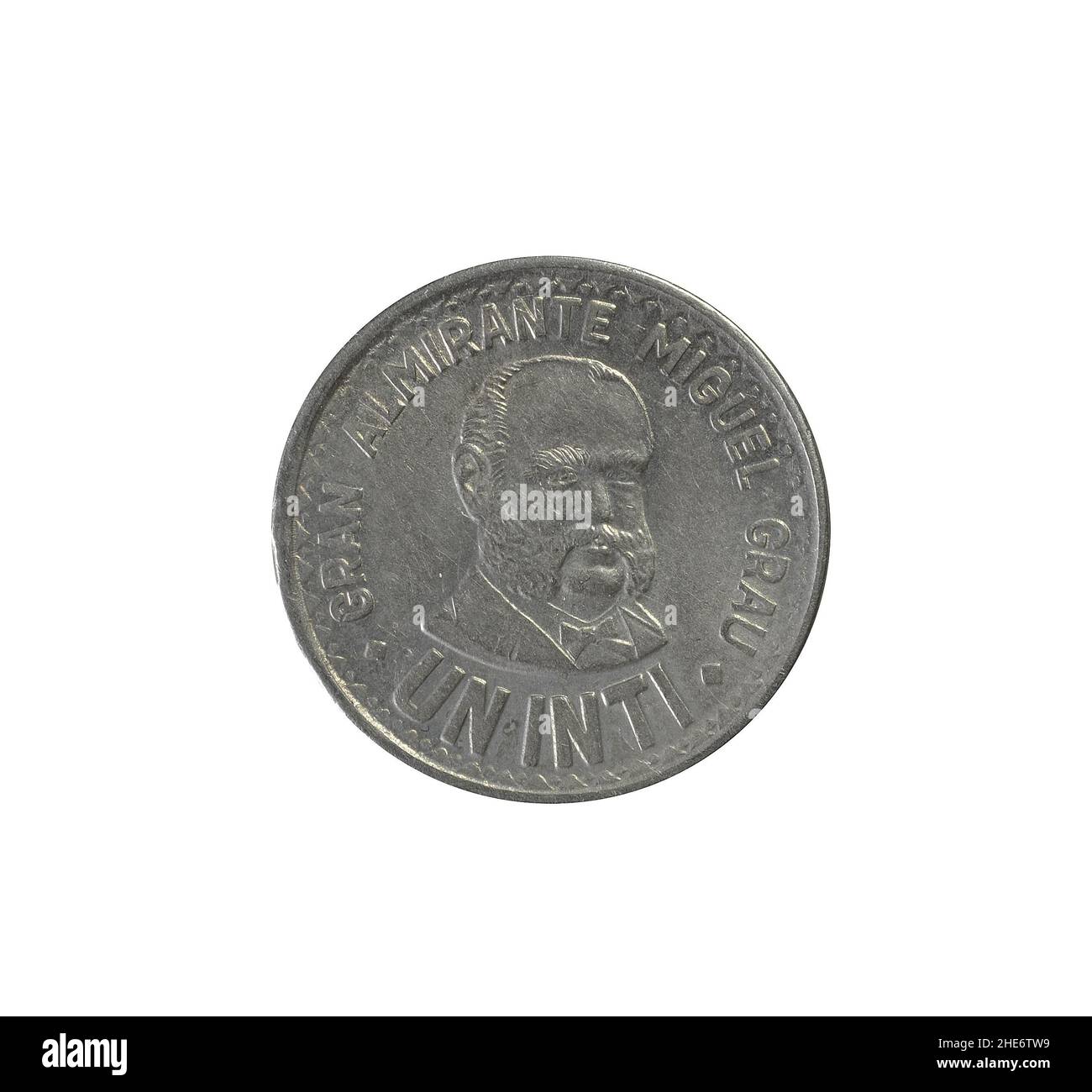 Fronte di 1 moneta Inti fatto dal Perù che mostra Bust ufficiale navale Miguel Grau Foto Stock