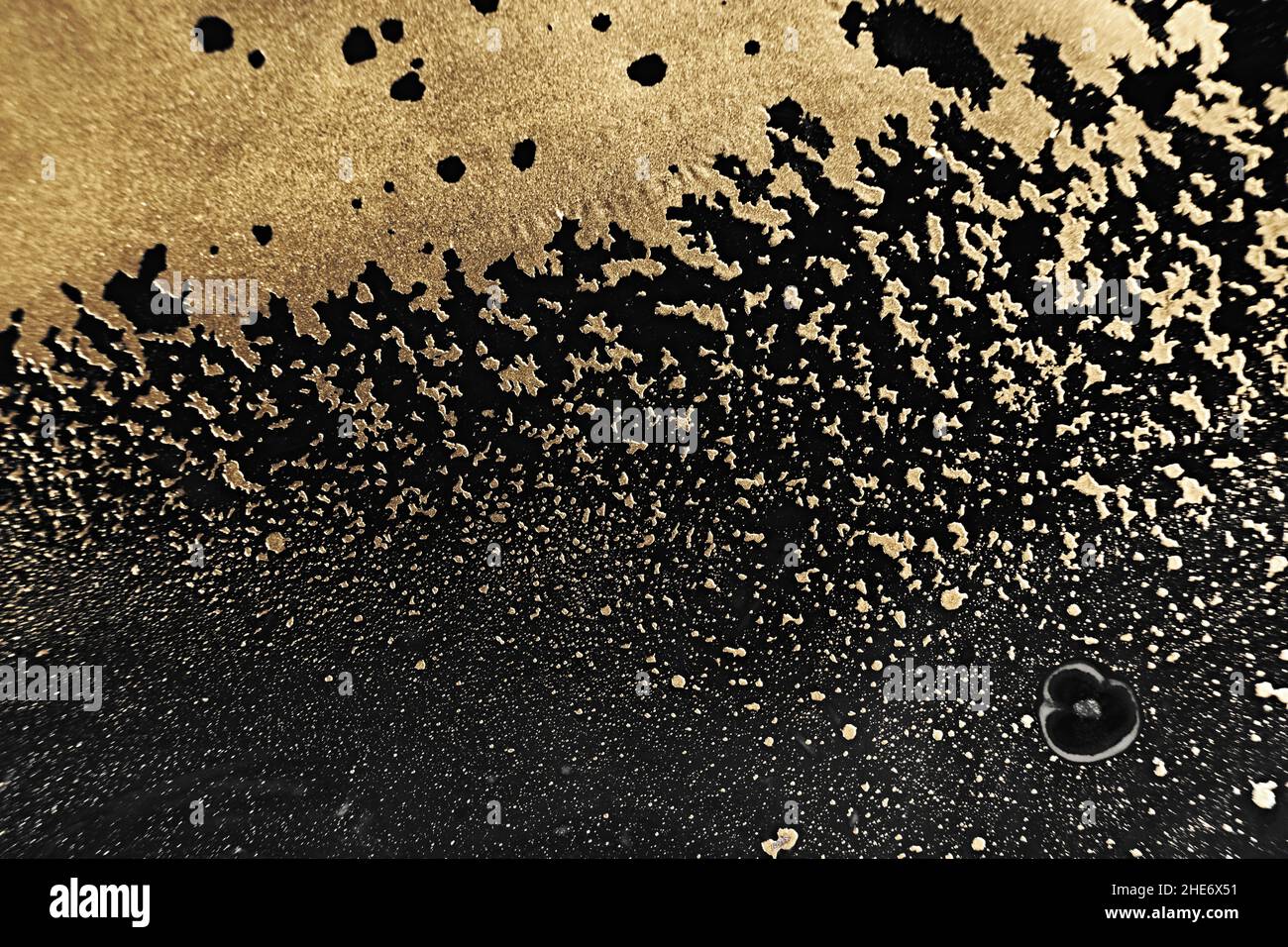 Arte fluida astrazione in oro metallico e particelle su sfondo nero. Sfondo o texture effetto marmo. Foto Stock