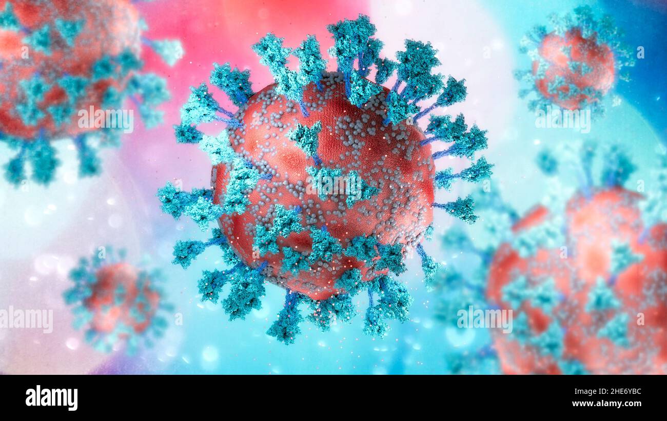Variante del virus, coronavirus, proteina Spike. Deltacron. Covid-19 visto al microscopio. SARS-COV-2, rendering 3D Foto Stock
