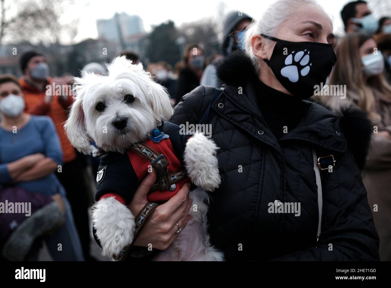 Un attivista per i diritti degli animali partecipa a una manifestazione con il suo cane da compagnia 'Ciko' che chiede protezione di cani e gatti randagi, a Istanbul, Turchia, 9 gennaio 2022. REUTERS/Murad Sezer Foto Stock