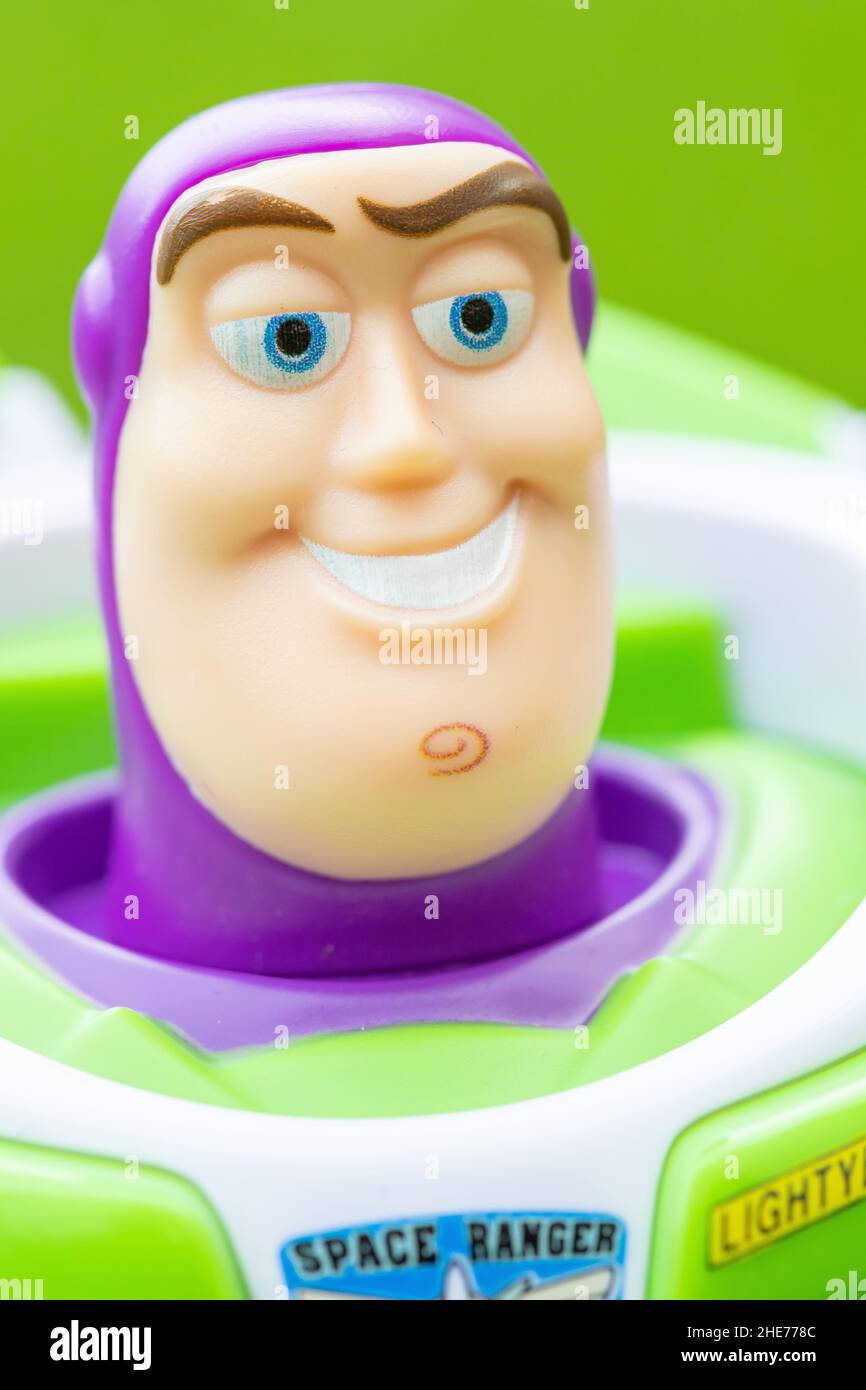 Primo piano del giocattolo Buzz Lightyear della famosa Disney Cartoon Toy Story Foto Stock