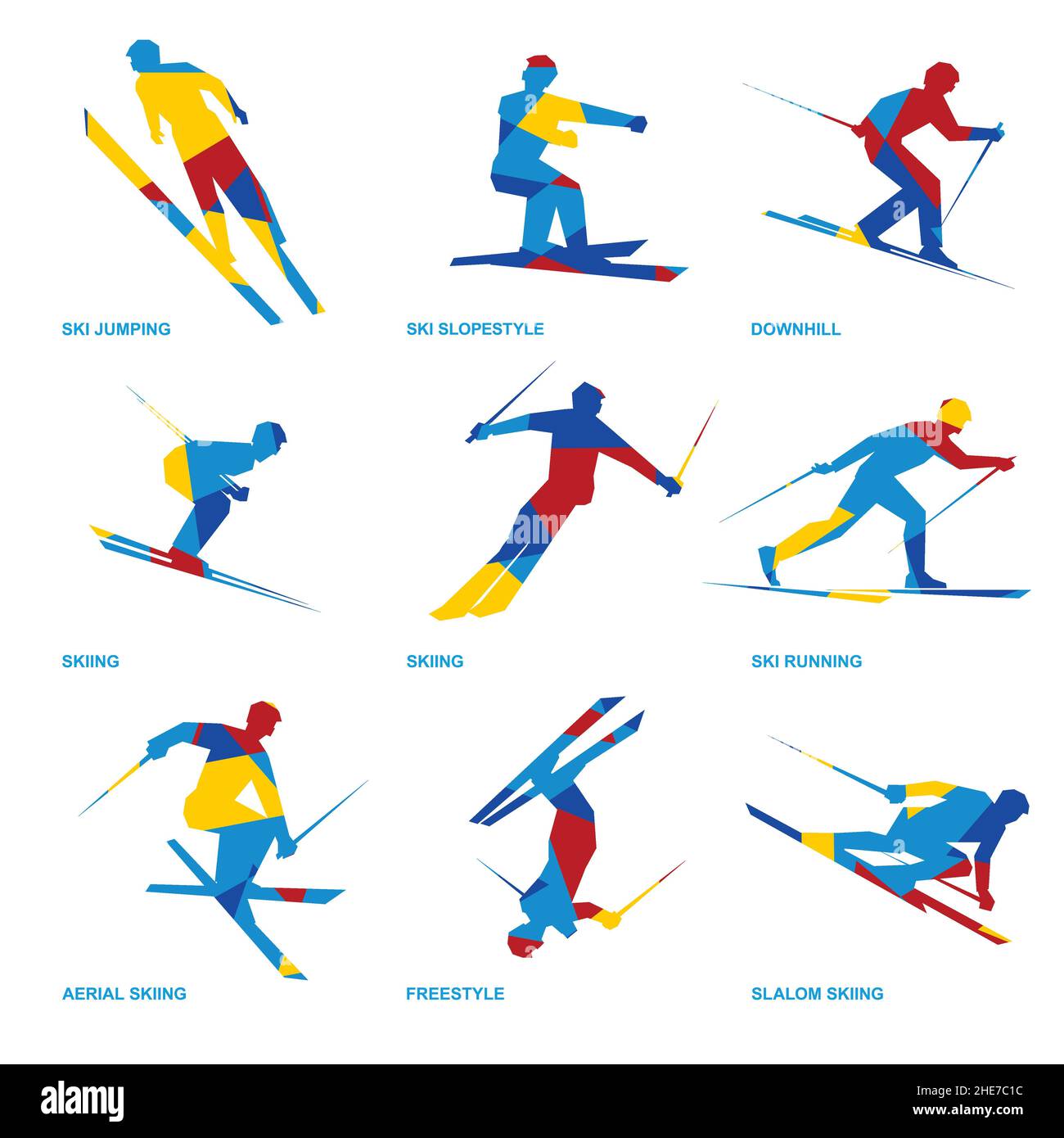 Sport invernali Icon Set - salto con gli sci, corsa, freestyle, slopestyle, acrobatica, slalom. Illustrazione Vettoriale