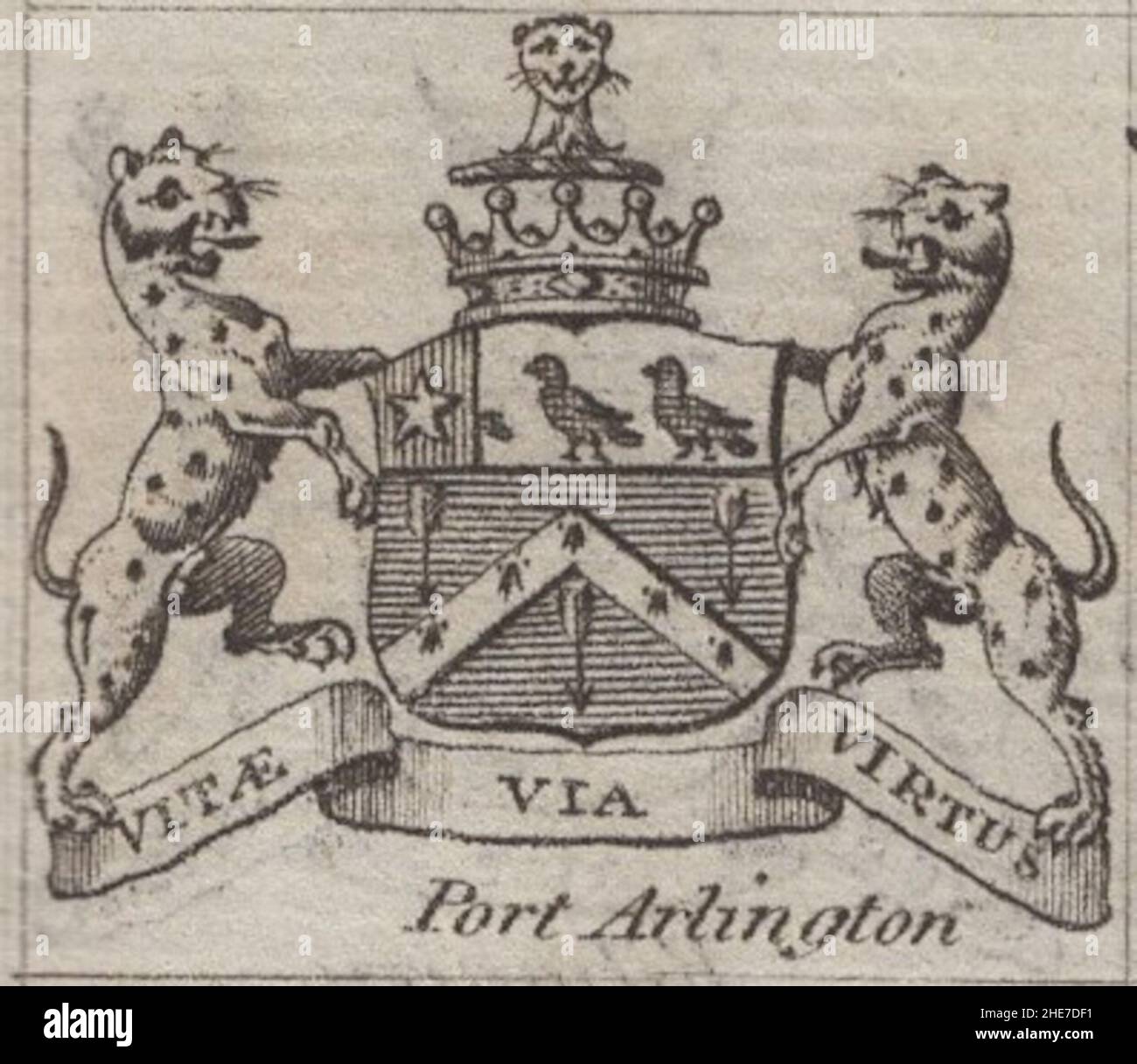 Antico storico incisione 18th secolo stemma, cresta, conte irlandese di Port Arlington, motto / slogan: Vitae via Virtus di Woodman & Mutlow fc russel co co circa 1780s Fonte: Incisione originale dal libro annuale di almanach. Foto Stock