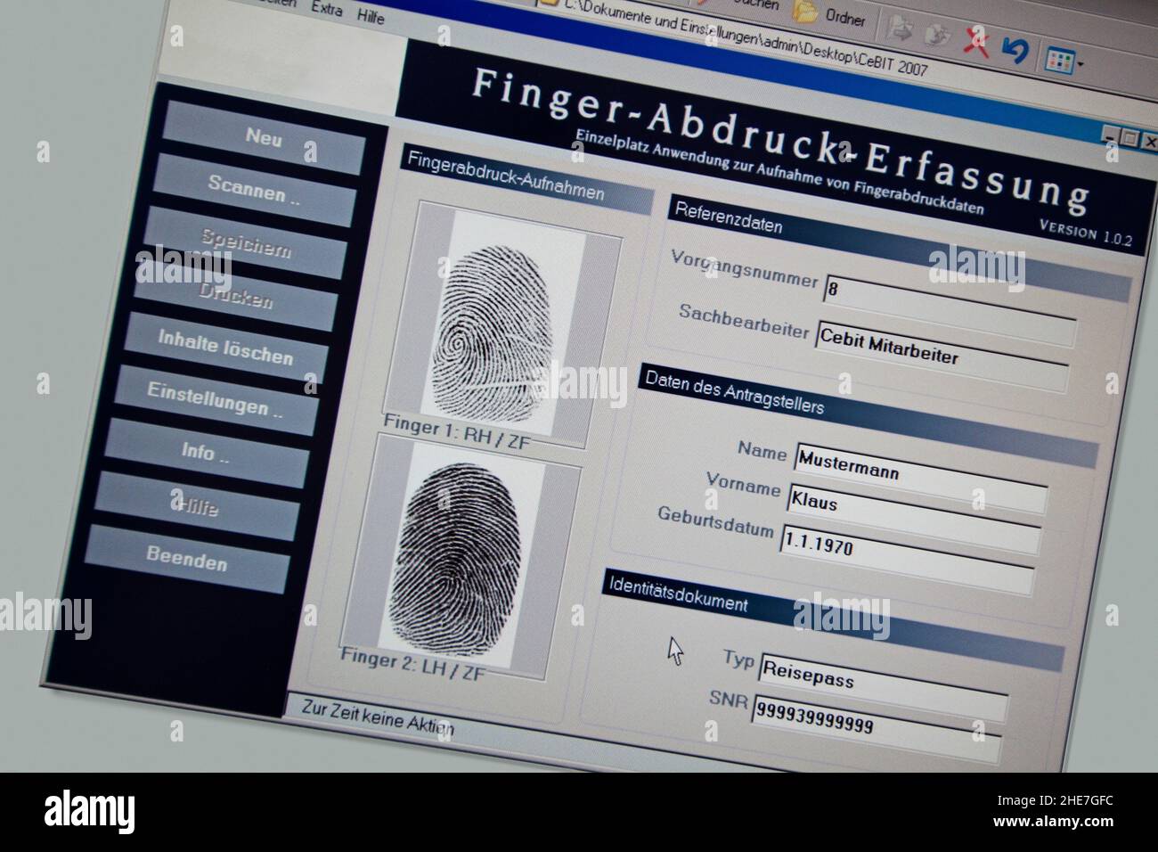 CeBIT 2007, Screenshot einer Finger-Abdruck-Erfassungs-Software, Hannover, Niedersachsen, Germania, Europa | CeBIT 2007, Screenshot di un fingerprin Foto Stock