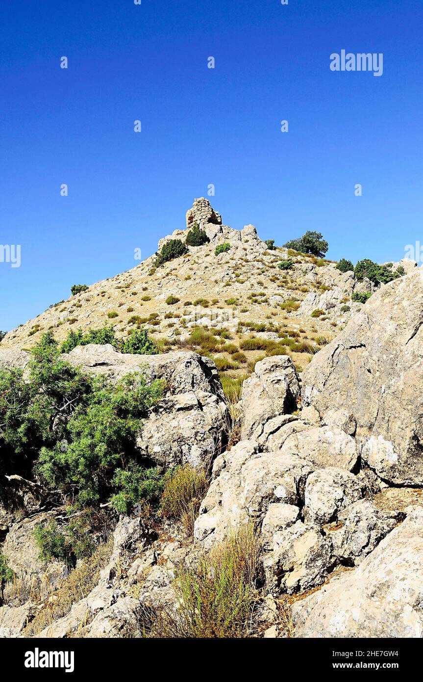 Torre di avvistamento Cerro del Muerto a Huescar, Granada. Foto Stock