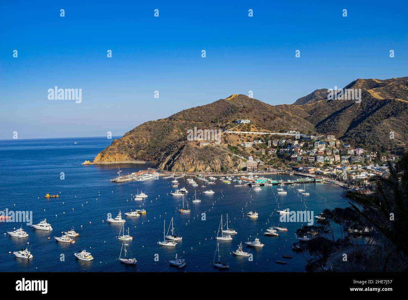 Vista soleggiata ad alto angolo della splendida città di Avalon dell'isola di Catalina in California Foto Stock