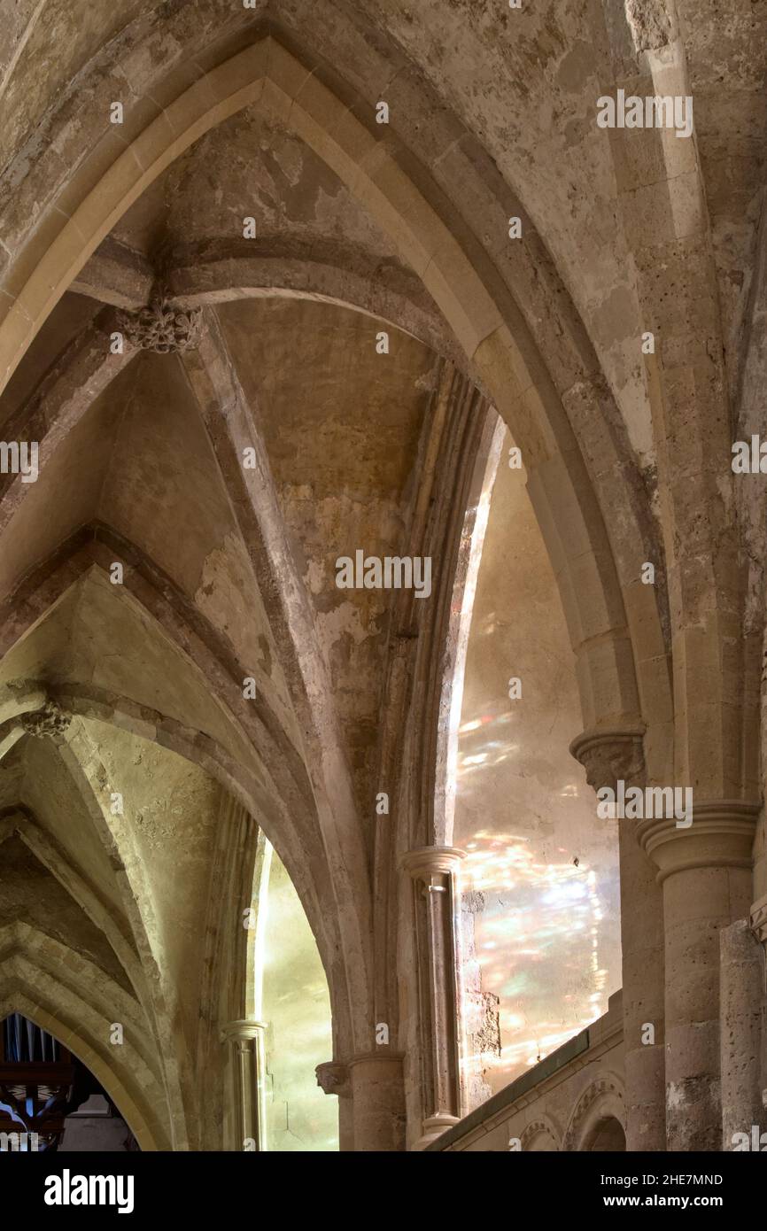 Stone Quadripartite Rib, Rifone a coste, archi e finestre ad arco, Christchurch Priory UK Foto Stock