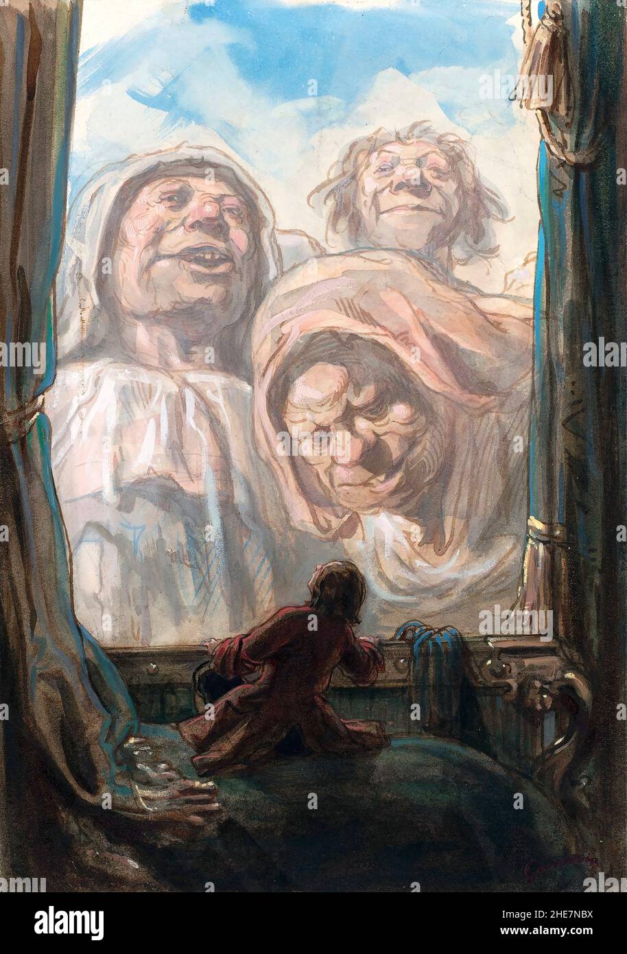 Gulliver incantato da tre mendicanti giganti nella terra di Brobdingnag, un'illustrazione per i viaggi di Gulliver di Paul Gavarni, penna e inchiostro marrone con acquerello e gouache su grafite su carta tessuta, 1862 Foto Stock