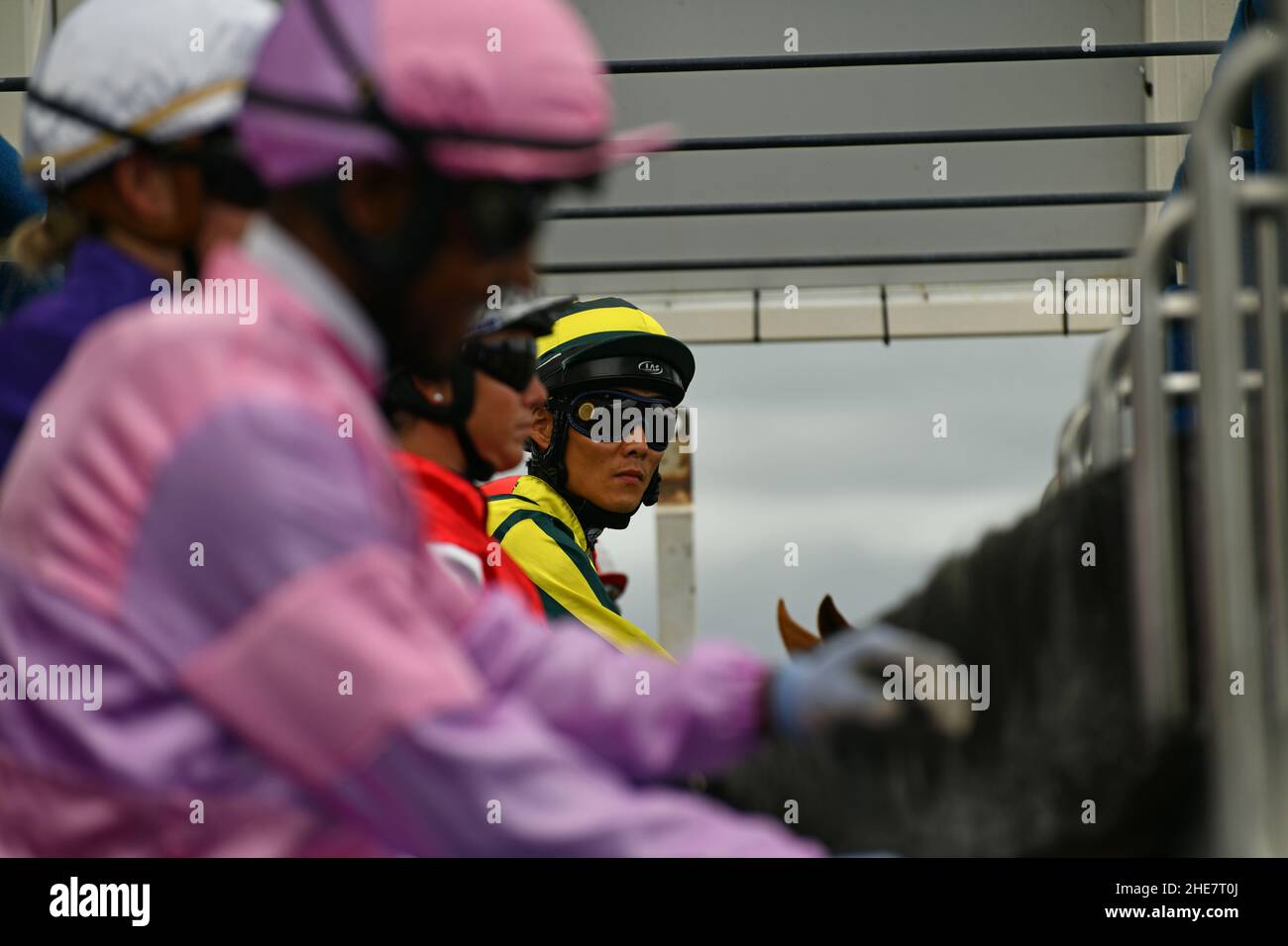 KUMARA, NUOVA ZELANDA, 8 GENNAIO 2022; i jockeys si allineano al gate di partenza per una gara al Golden Nuggets Competition al Kumara Race Track, 8 gennaio 2022 . Foto Stock
