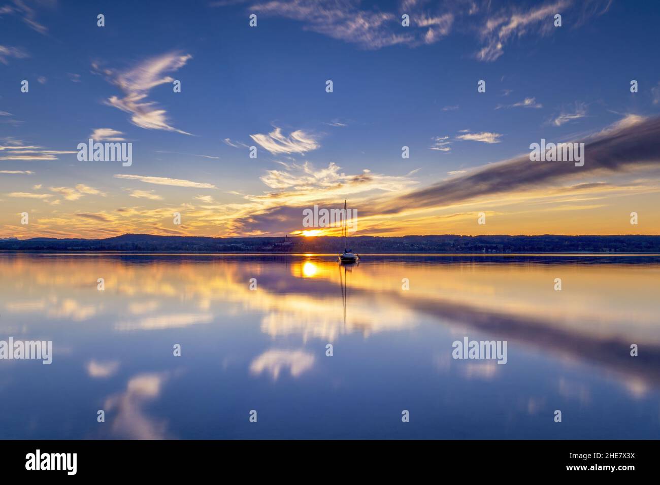 Atmosfera serale, tramonto ad Ammersee, Baviera, Germania Foto Stock