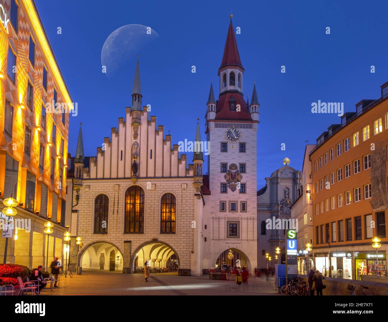 Vecchio municipio di notte a Monaco, Baviera, Germania Foto Stock