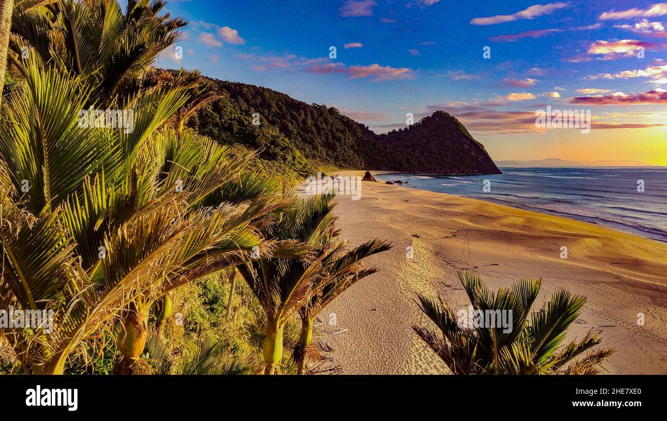Vista panoramica attraverso la palma lascia alla spiaggia sabbiosa e al mare al tramonto sotto il cielo nuvoloso Foto Stock