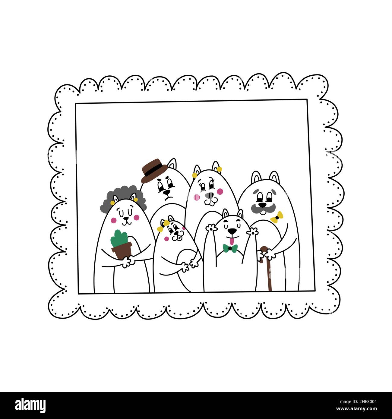 Bel ritratto di famiglia carino di gatti. Foto di famiglia antica sparare. Illustrazione con animali per libro per bambini, colorazione, poster. Gatti fumetti Illustrazione Vettoriale
