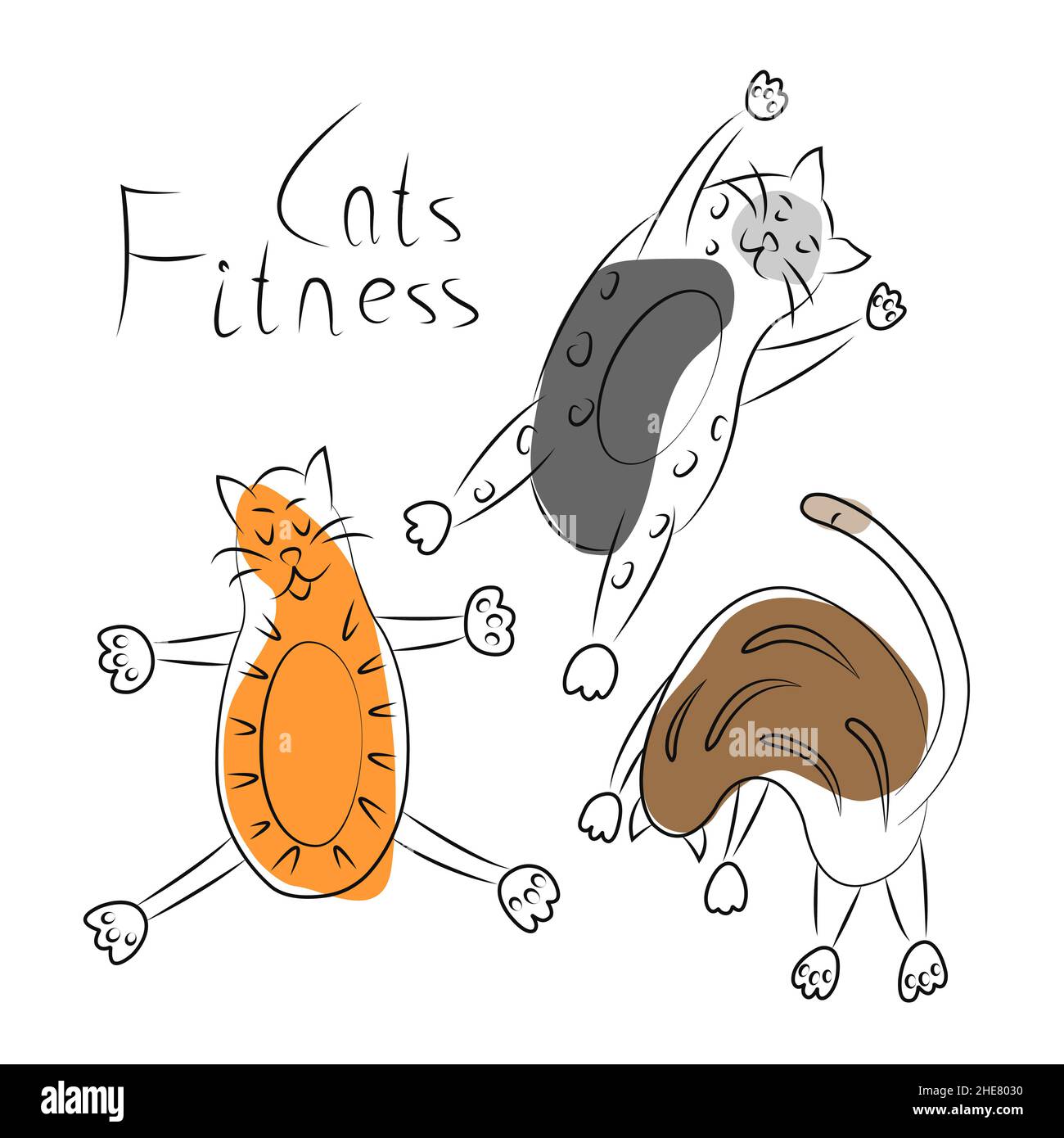 Raccolta di divertenti gatti grassi impegnati in sport, fitness, yoga. Semplice illustrazione lineare di animali domestici con riempimento parziale. Stampa brillante, logo, emblema, etichetta Illustrazione Vettoriale