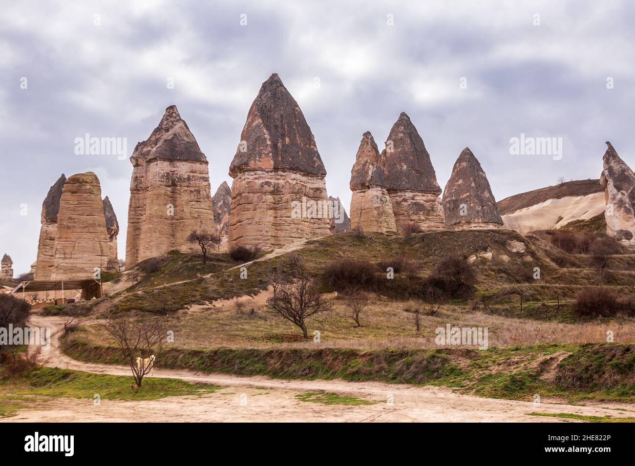 Splendido paesaggio della Cappadocia turca. Staging pilastri in pietra nella valle vicino Goreme Foto Stock