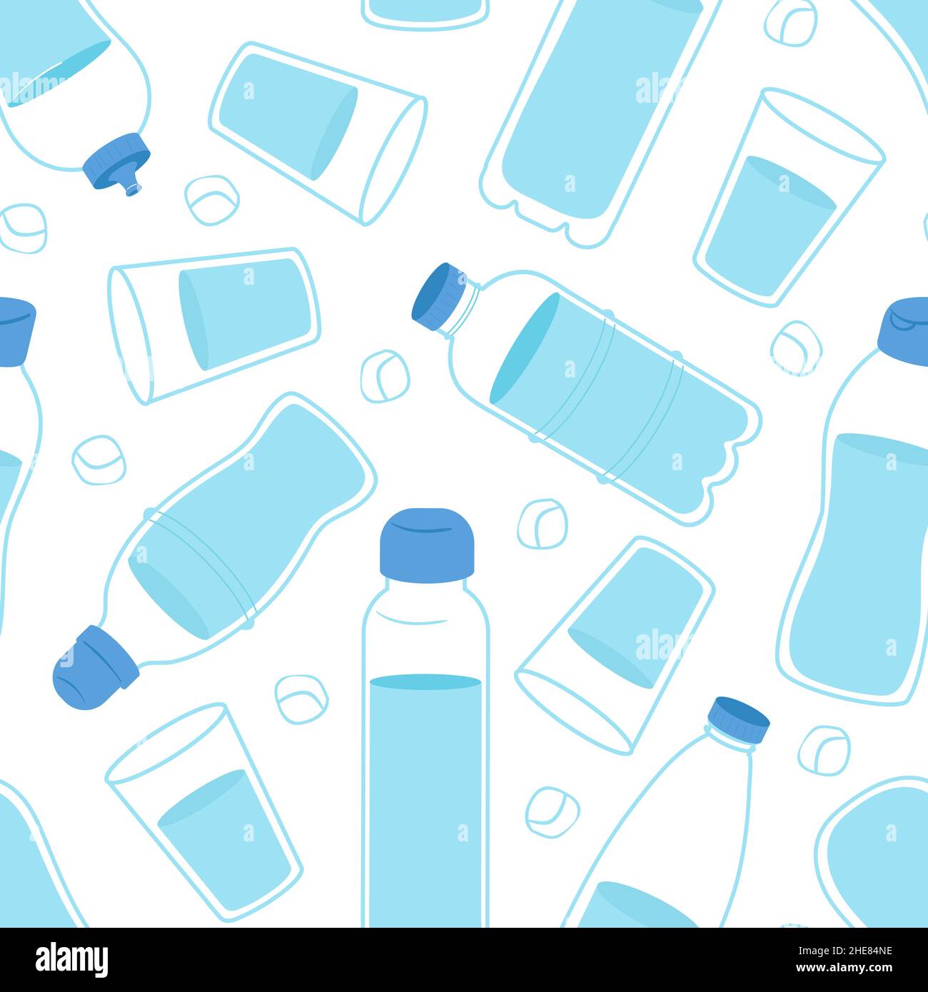 Modello di bottiglie. Bere più acqua, vetro e bottiglia con liquido. Attrezzatura riutilizzabile, sfondo sano stile di vita. Bevande decente vettore senza soluzione di continuità Illustrazione Vettoriale