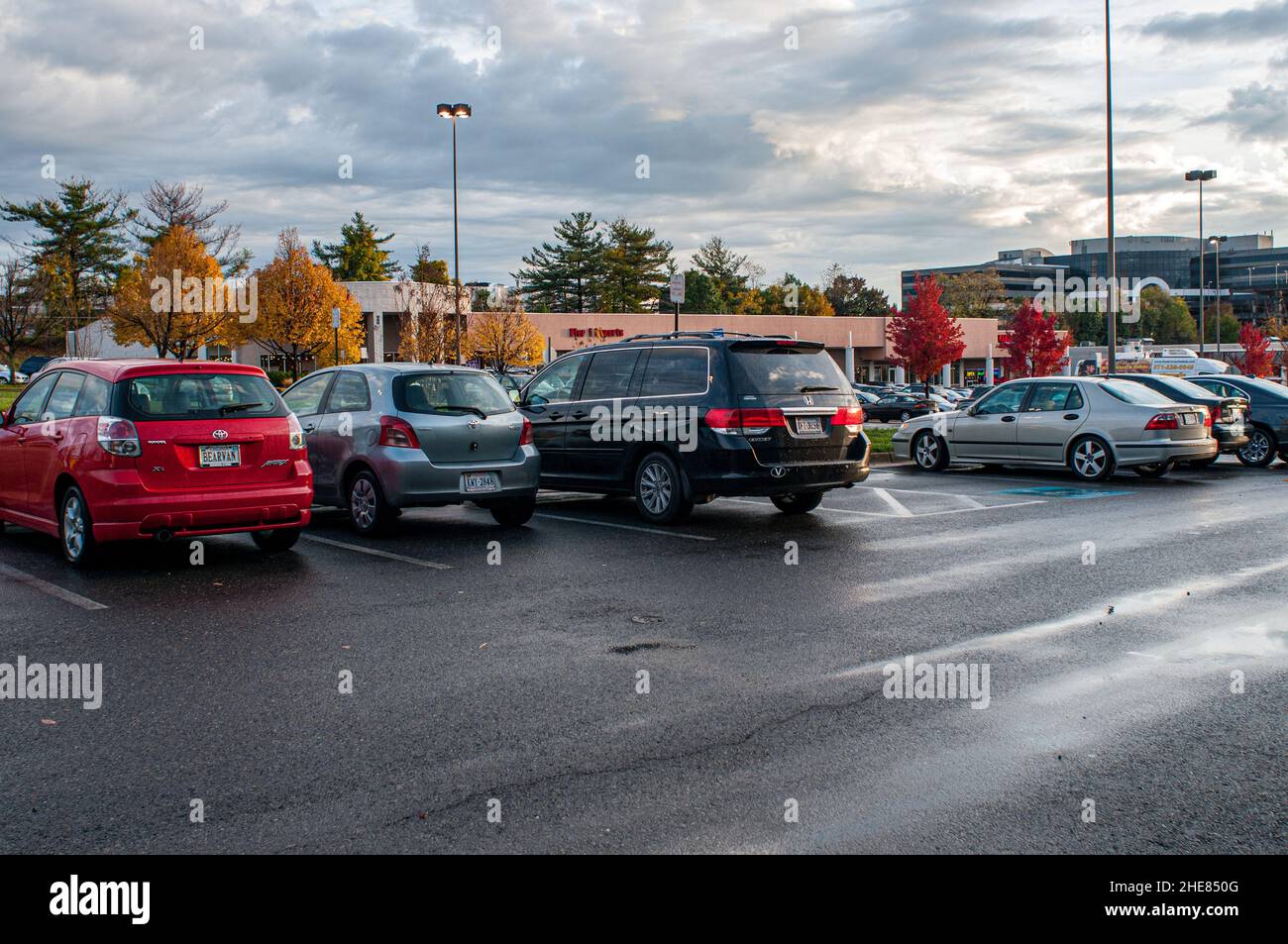 Auto in un centro commerciale Tysons Corner Strip nei sobborghi della Virginia di Washington, DC, dopo una pioggia. I negozi in background includono le importazioni del molo 1. Foto Stock