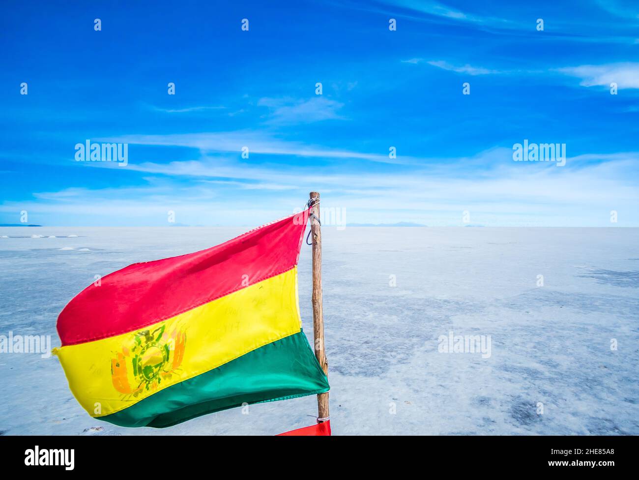 Bandiera della nazione di Bolivia sul lago di Uyuni sal, Bolivia Foto Stock