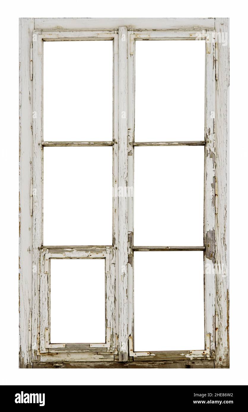 Scatto verticale di un rettangolo vecchio telaio di legno bianco finestra isolato su uno sfondo bianco Foto Stock