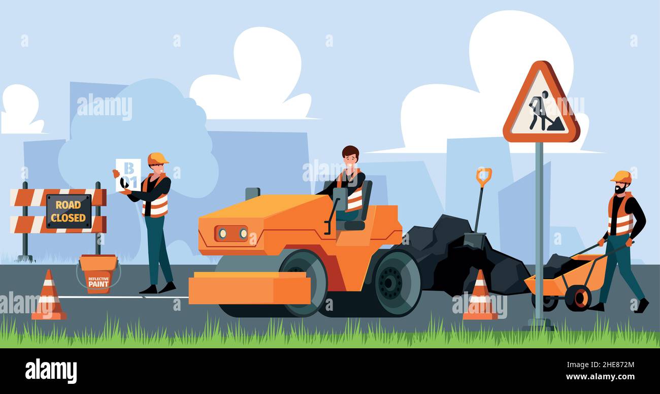Costruttori di riparazione stradale. Lavori tecnici in città con processi di avviso di manutenzione della macchina il traffico stradale supporta sfondo cartoni animati vettoriali garish Illustrazione Vettoriale