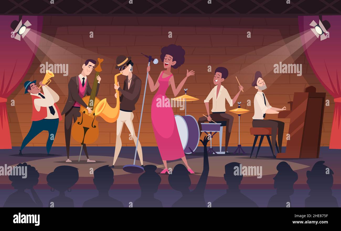 Musicisti. Performance jazz band sul promo concerto di musica di scena Exact Vector cartoon background Illustrazione Vettoriale
