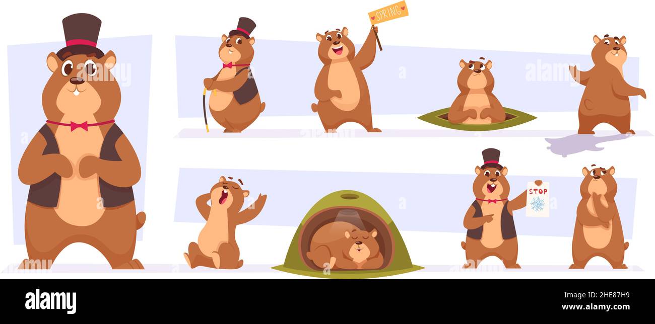 Groundhog. Cute animali selvatici giorno del ciclo di tempo groundhogs illustrazioni in stile cartoon esatto vettore immagini set Illustrazione Vettoriale