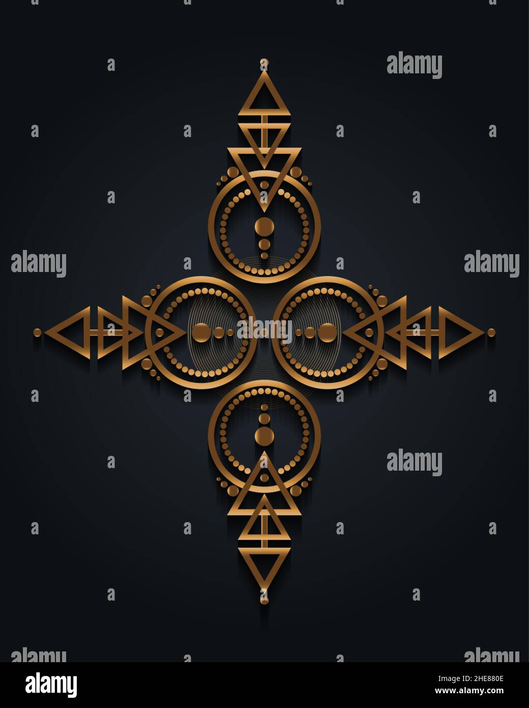 Geometria sacra cornice a croce, logo magico dorato, astrologia, alchimia, stile boho. Segno mistico a bussola di lusso oro dalle forme geometriche Illustrazione Vettoriale