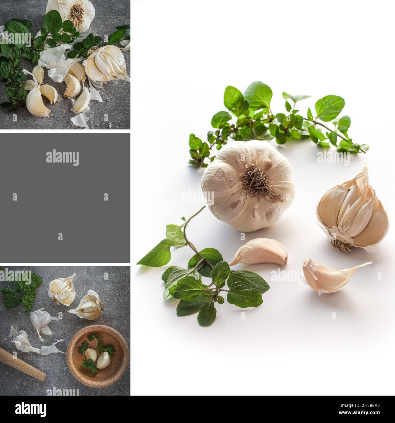 Collage di tre immagini - chiodi di garofano e bulbi aglio - allium sativum. Mood board. Modello di social media con spazio per la copia. Foto Stock