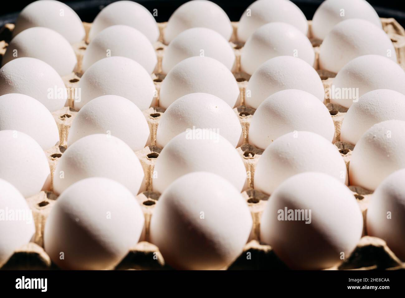 Uova di pollo bianche nel vassoio Foto Stock