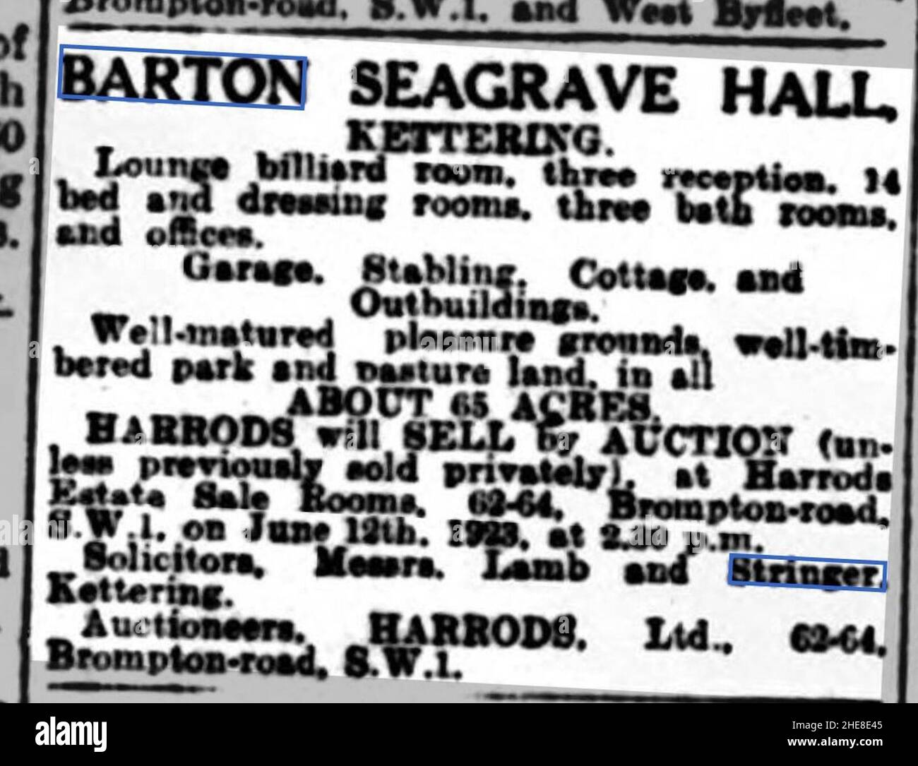 Avviso di vendita Barton Seagrave Hall 1923. Foto Stock