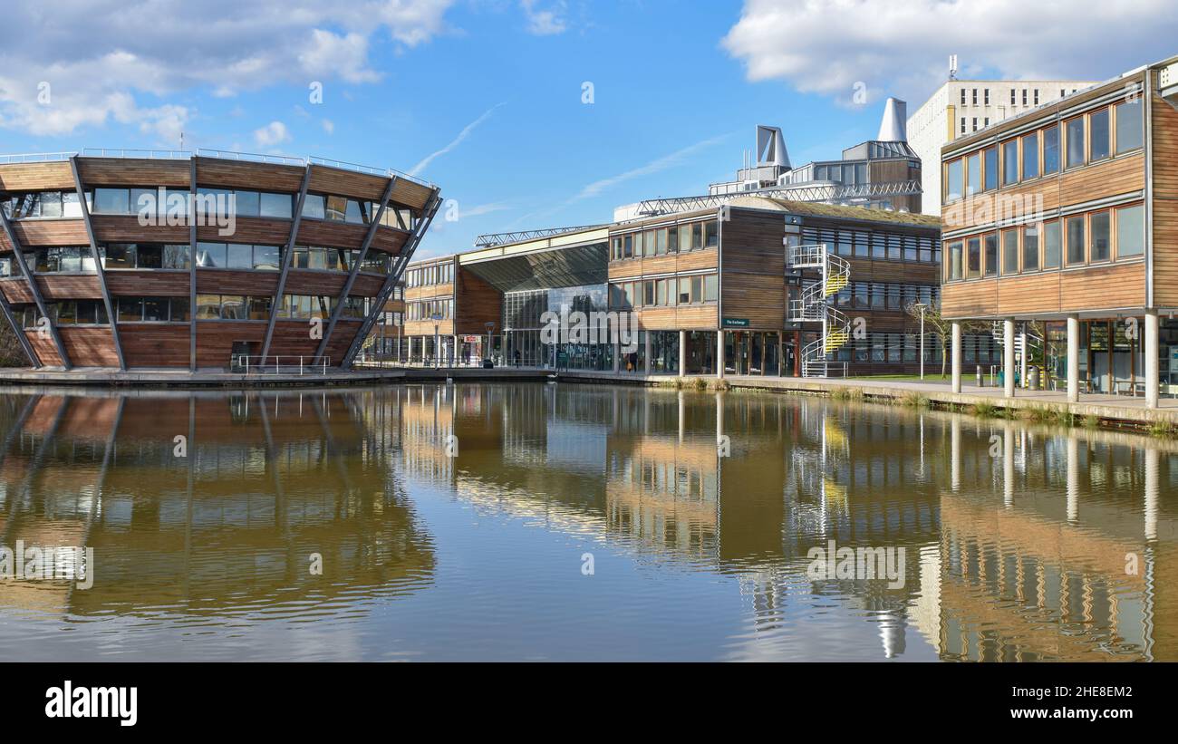 Djanogly Learning Resource Center nel campus Jubilee, Università di Nottingham, Inghilterra - Regno Unito. Foto Stock