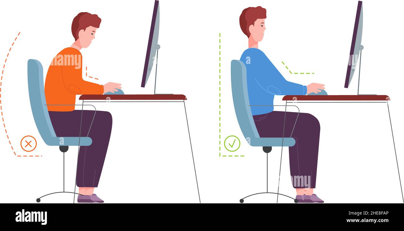 Computer postura corretta. Postazione di lavoro ergonomica per l'ufficio,  personaggio seduto in posizione corretta alla scrivania sulla sedia,  istruzioni in posizione corretta, illustrazione vettoriale della schiena  sana. Posizione ergonomica in ...