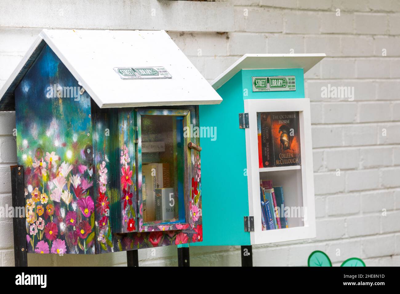 Biblioteca di strada per condividere e prendere in prestito libri fuori di una casa a Bayview, Sydney, NSW, Australia Foto Stock