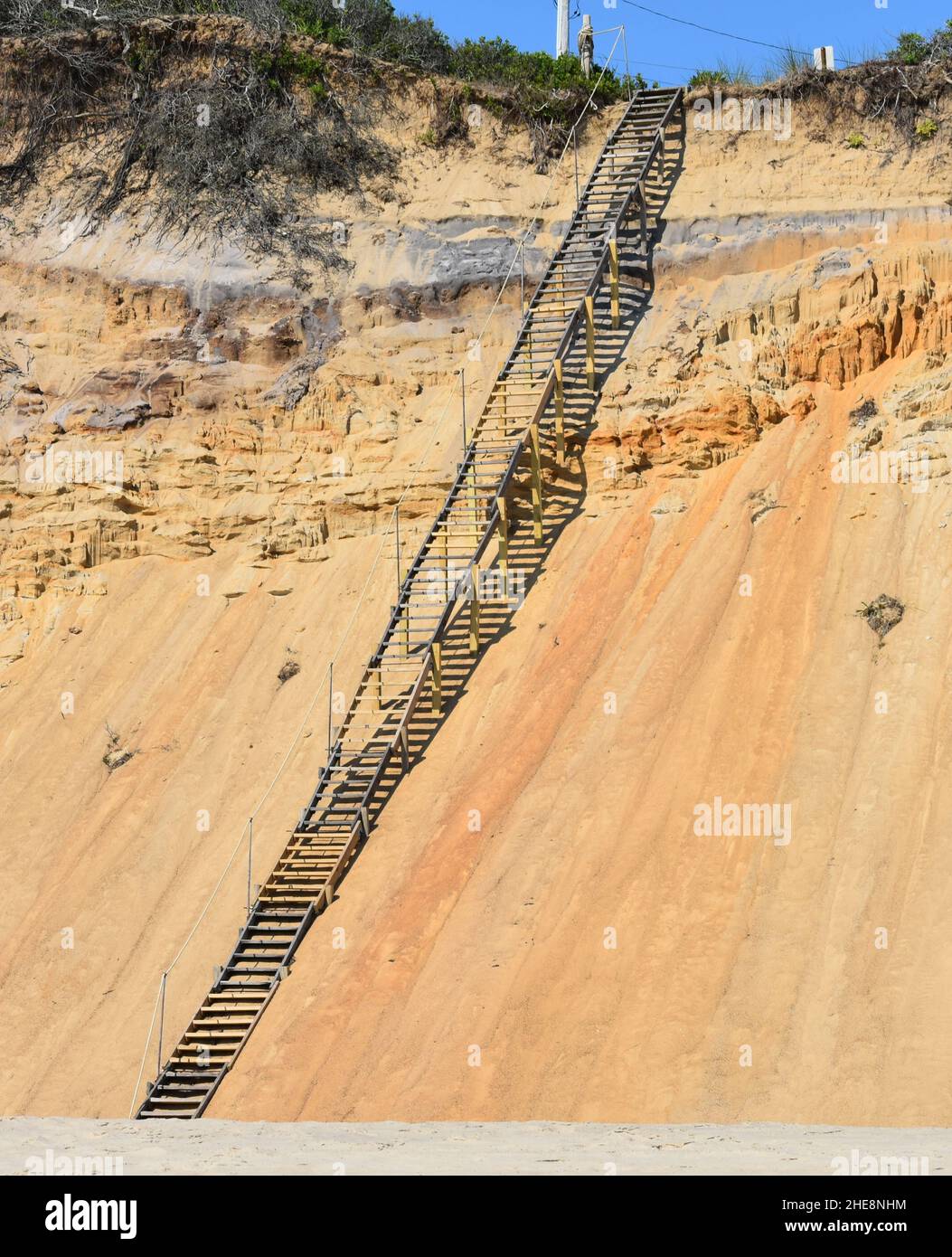 Scala in legno con ringhiere costruita sul lato di una ripida duna a Wellfleet, Massachusetts. Cape Cod National Sea Shore Foto Stock