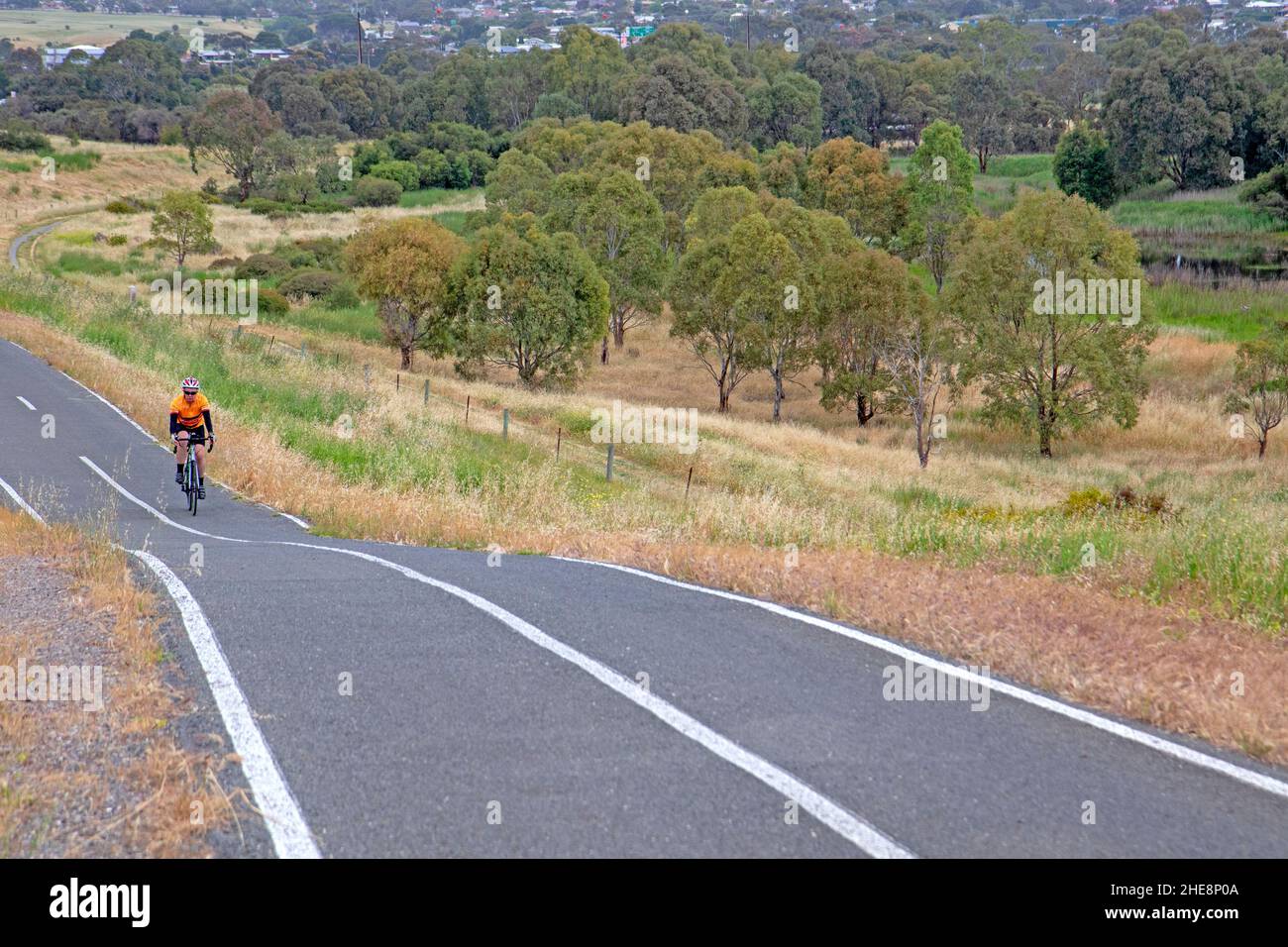 Ciclisti sulla costa a Vines Rail Trail vicino al fiume Onkaparinga Foto Stock