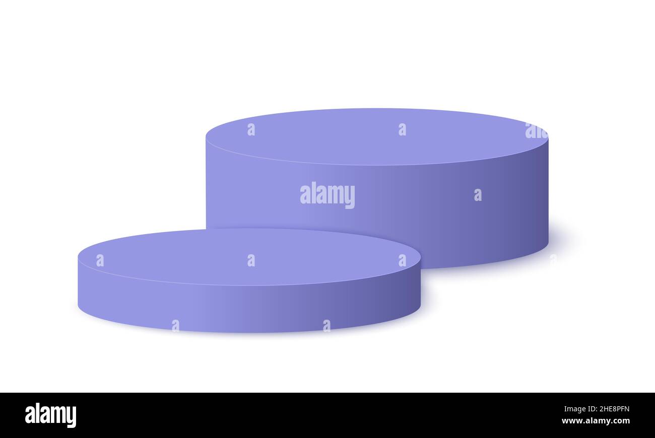Podi rotondi viola. Mockup a piedistallo vuoto in colori molto peri alla moda per la presentazione del prodotto. Piattaforme per vetrina circolari pulite isolate su sfondo bianco. Illustrazione vettoriale realistica. Illustrazione Vettoriale