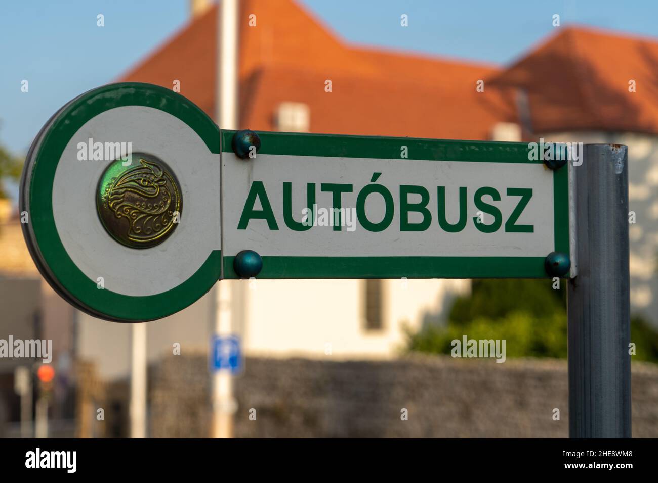 Vista ravvicinata di un cartello verde della fermata dell'autobus ungherese nella città universitaria di Pecs che dice 'bus' Foto Stock
