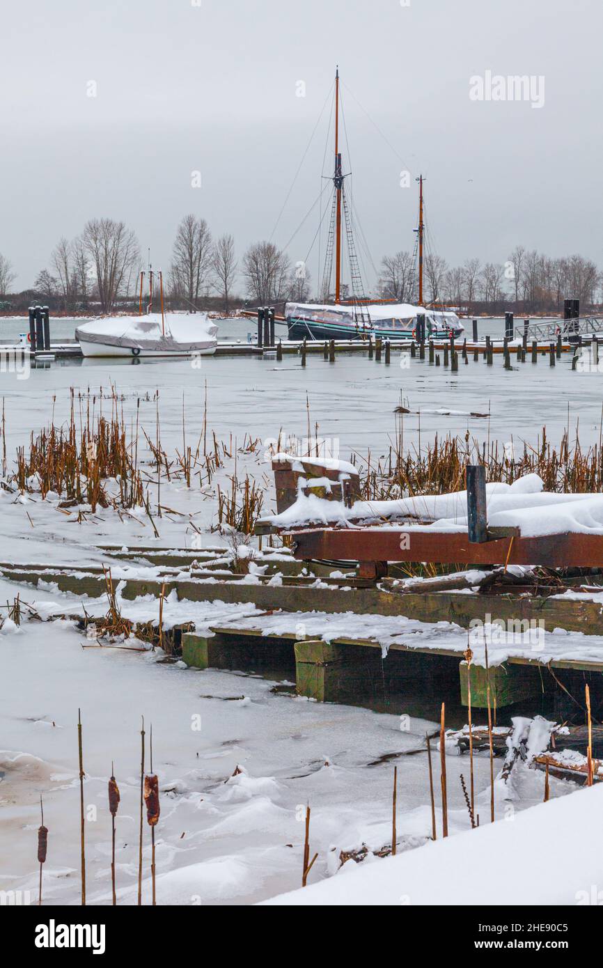 Barche al Britannia Ship Yard in ghiaccio spesso vicino a Steveston, British Columbia, Canada Foto Stock