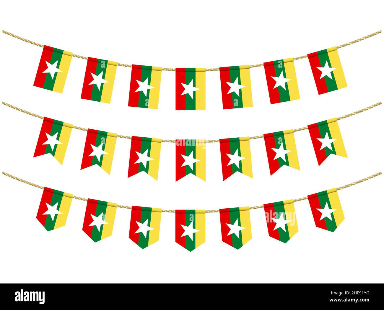 Bandiera birmana sulle corde su sfondo bianco. Insieme di bandiere patriottiche. Bunting decorazione della bandiera birmana Illustrazione Vettoriale