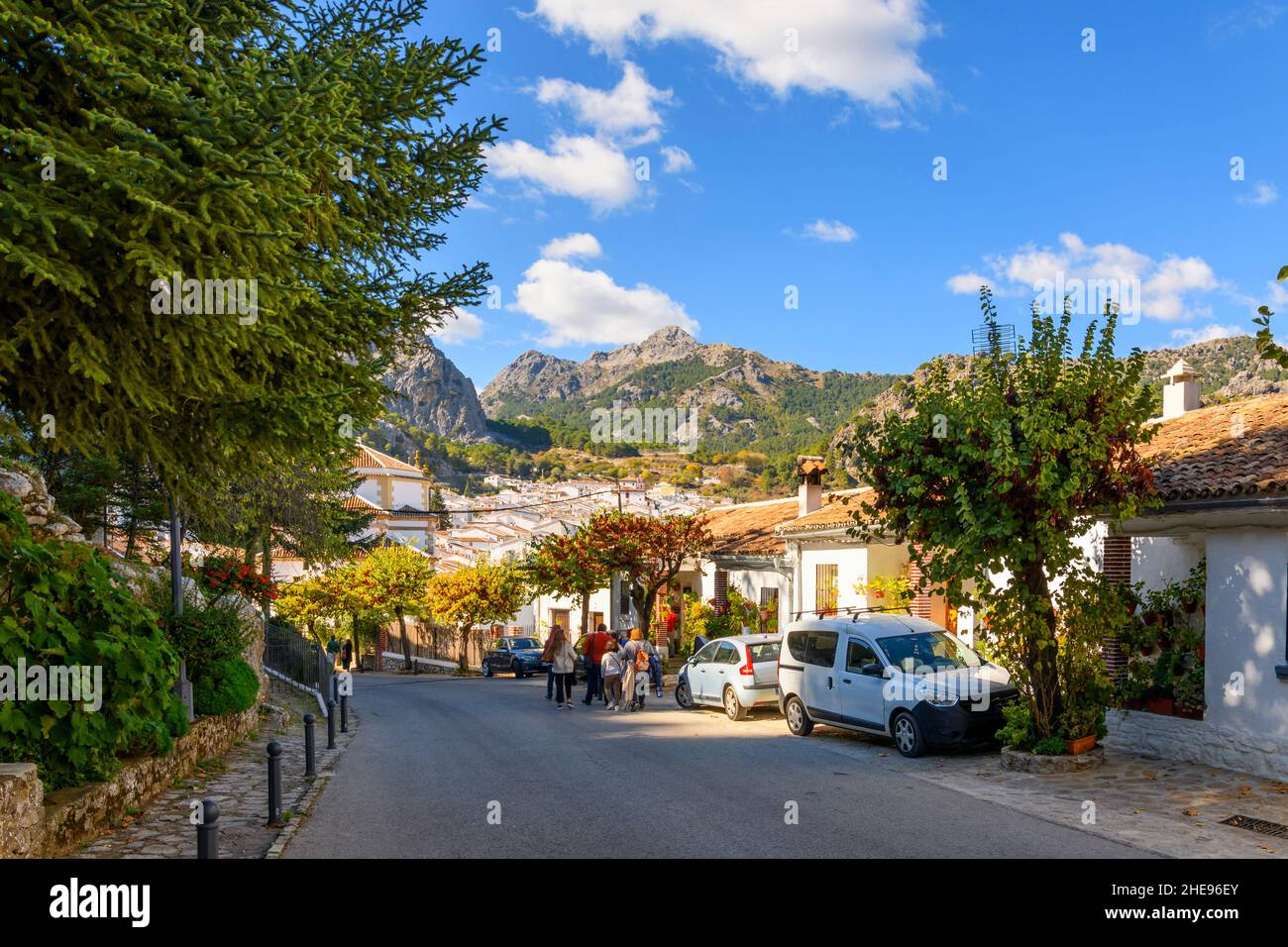 La strada principale di Grazalema, Spagna, uno dei villaggi bianchi della provincia di Cadiz nella comunità autonoma di Andalusia, Spagna Foto Stock