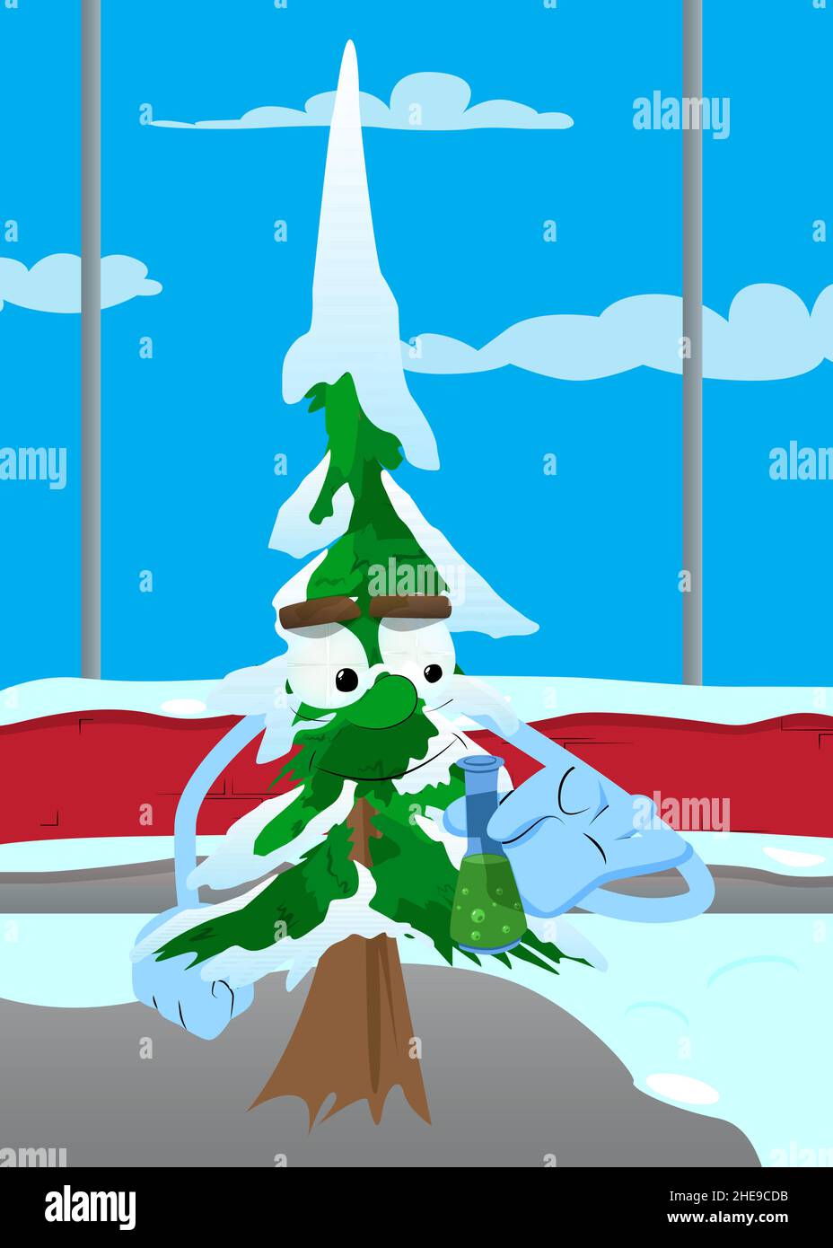 Cartoni animati di pino invernale con facce che tengono una provetta. Alberi di foresta carini. Neve sul personaggio cartoon pino, divertente illustrazione vettoriale vacanza. Illustrazione Vettoriale