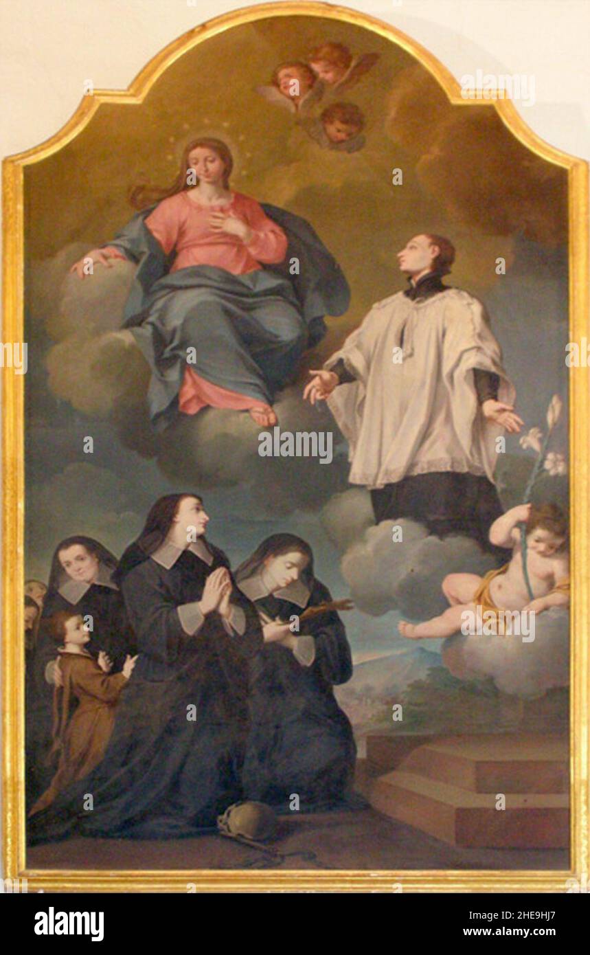 San Luigi Gonzaga con Cinzia, Olimpia e Gridonia e la Vergine. Foto Stock