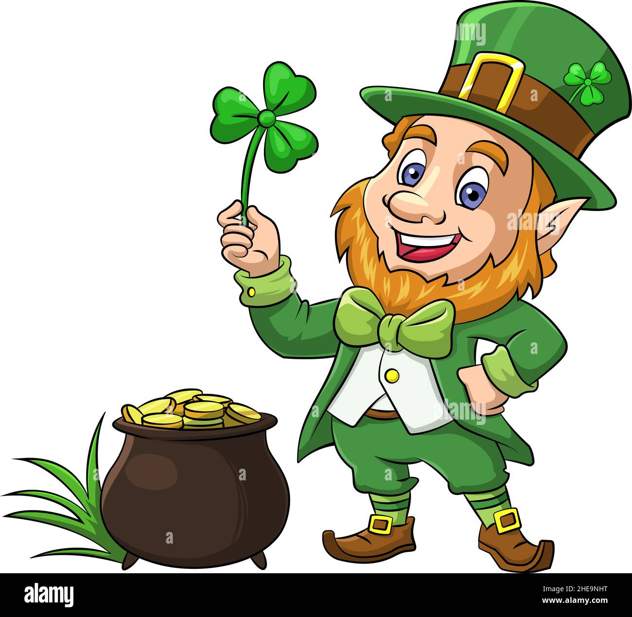 Illustrazione vettoriale di un leprechaun del giorno di San Patrizio in piedi accanto ad un vaso d'oro Illustrazione Vettoriale